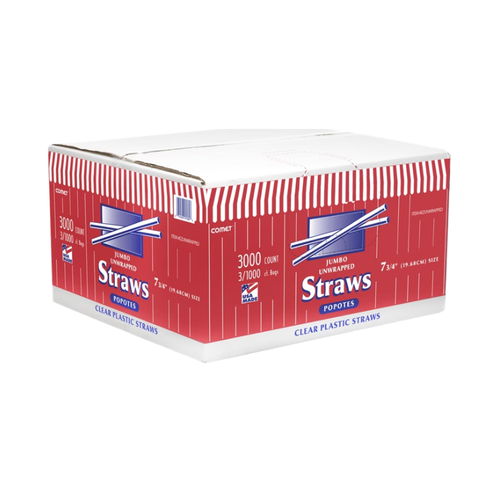 Comet 7-3/4'' Plastic Jumbo Straw, Clear, 3000 ct