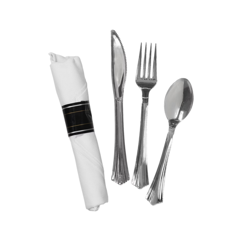 Reflections Pre-Rolled Plastic Fork, Knife, Spoon, Napkin Cutlery Kit, Silver, 30 ct