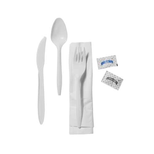 Vital International Solutions Plastic Fork, Knife, Spoon, Napkin, Salt & Pepper Cutlery Kit, White, 250 ct