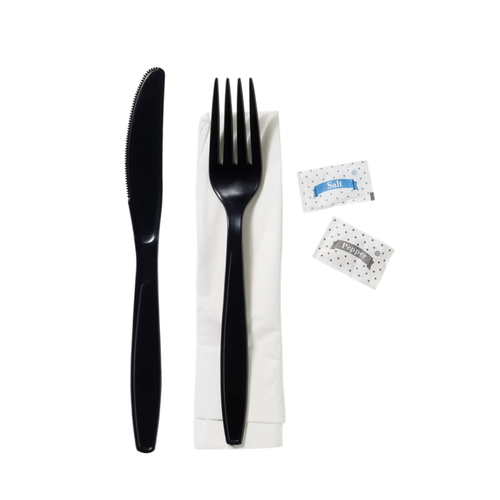Vital International Solutions Plastic Fork, Knife, Napkin, Salt & Pepper Cutlery Kit, Black, 250 ct