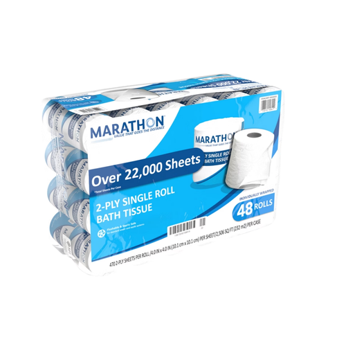 Marathon Bath Tissue, Standard Roll, 2-Ply, 4" x 4", 470 Sheets, 48 ct