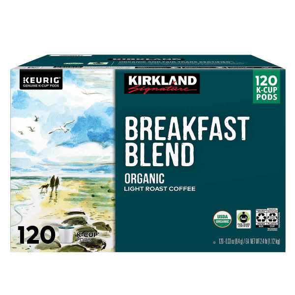 Kirkland Signature Organic Breakfast Blend Coffee, Light Roast, Keurig K-Cup Pods, 120 ct