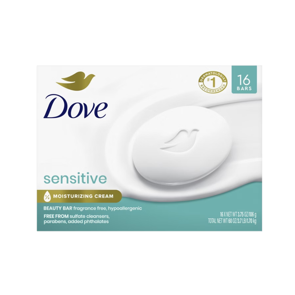 Dove Sensitive Skin Beauty Bar Soap, Hypo-Allergenic, 3.75 oz, 16 ct