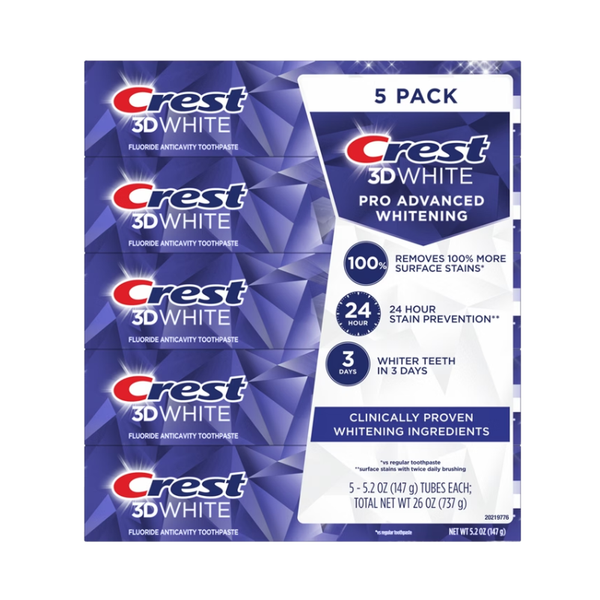 Crest 3D White Advanced Whitening Toothpaste, 5.2 oz, 5 ct