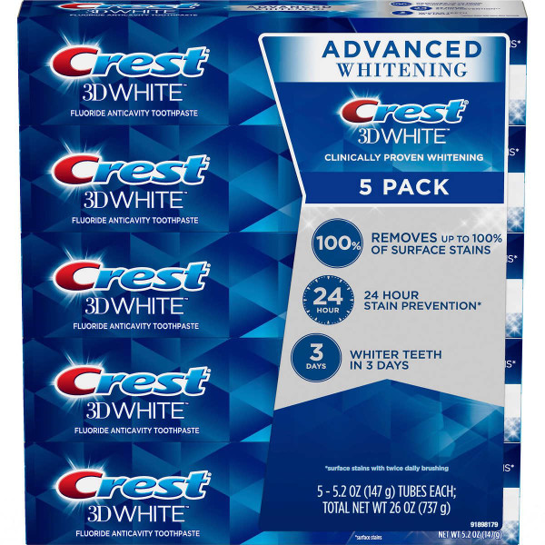 Crest 3D White Advanced Whitening Toothpaste, 5.2 oz, 5 ct
