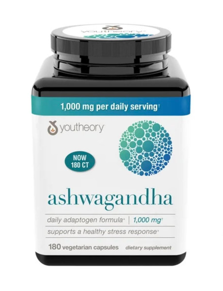 youtheory Ashwagandha 1000 mg, 180 Vegetarian Capsules