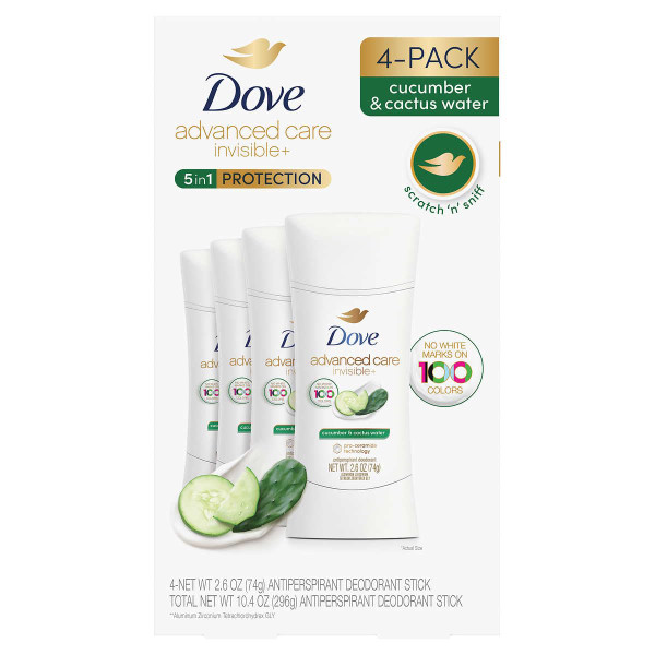 Dove Advanced Care Invisible+ Antiperspirant Deodorant Stick, Cucumber & Cactus Water, 2.6 oz, 4 ct