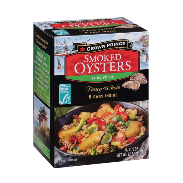 Crown Prince Smoked Oysters in Olive Oil, Fancy Whole, 3.75 oz, 6 ct