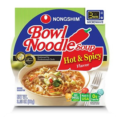 Nongshim Bowl Ramen Noodle Soup, Hot and Spicy, 3.03 oz, 18 ct