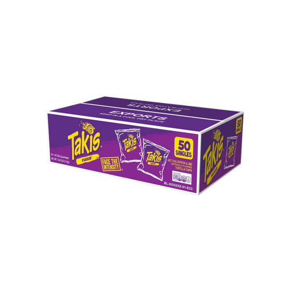 Takis Fuego Rolled Tortilla Chips, Hot Chili Pepper and Lime, 1 oz, 50 ct