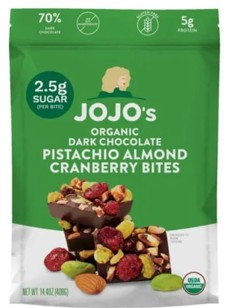 JOJO's Dark Chocolate Bites Pistachio Almond Cranberry, 14.4 oz