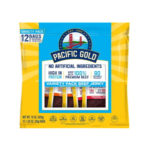 Pacific Gold Beef Jerky, Variety Pack, 1.25 oz, 12 ct