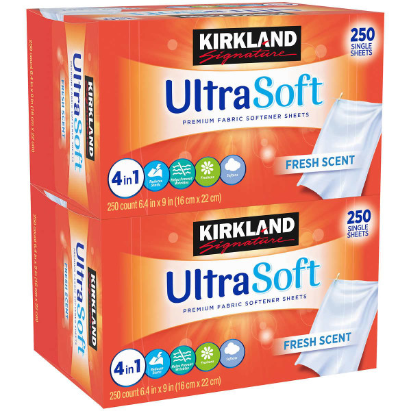 Kirkland Signature Fabric Softener Sheets, Premium Ultra Soft, Fresh Scent, 250 Sheets, 2 ct