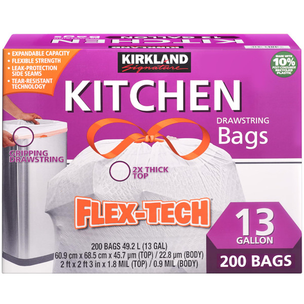 Kirkland Signature Kitchen Drawstring Trash Bags, Flex-Tech, White, 13 Gallon, 200 ct