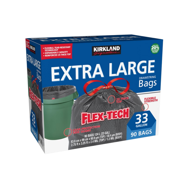 Kirkland Signature Extra Large Drawstring Trash Bags, Flex-Tech, 20% PCR, Black, 33 Gallon, 90 ct