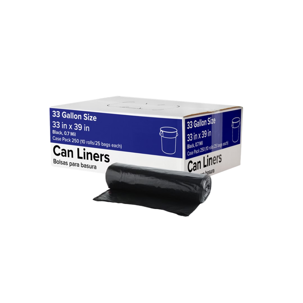 Trash Can Liners, 33 Gallon, 0.7 mil, Black, 250 ct