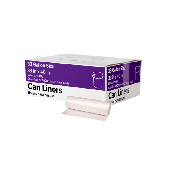 Trash Can Liners, 33 Gallon, 11 mic, Natural, 500 ct