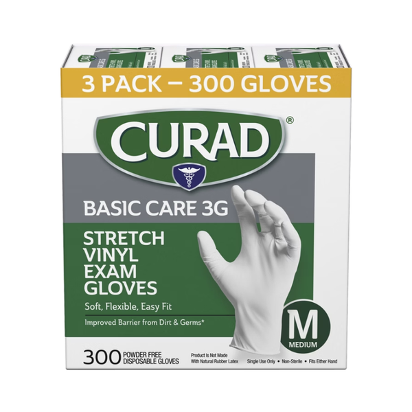 Curad Basic Care 3G Vinyl Exam Gloves, Medium, 300 ct
