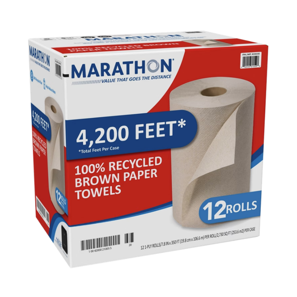 Marathon Recycled Dispenser Roll Towels, 1-Ply, Non-perforated, Brown, 12 ct