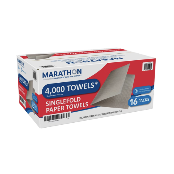 Marathon Singlefold Paper Towels, 1-Ply, Brown, 4000 ct