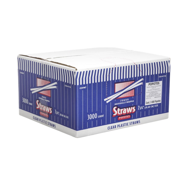 Comet 7-3/4" Wrapped Plastic Straws, Clear, 3000 ct