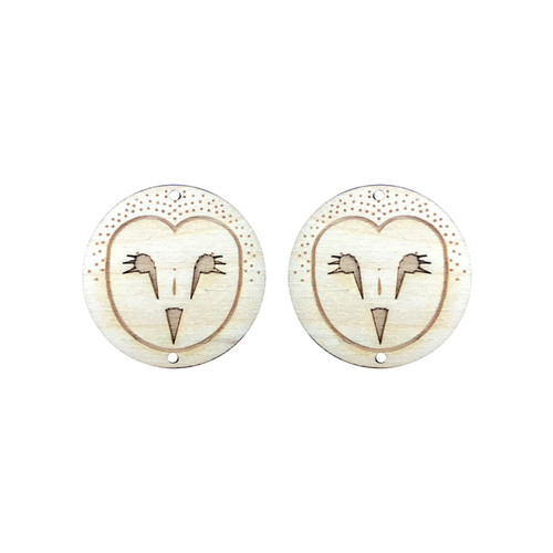 Owl Wooden Centers, Owl face engraved onto a circle. We are proud to say all our wooden centers/cabs are handcrafted on the Tuscarora Nation. We precision-engrave our original designs onto each pair to provide you with a creative basis for your beadwork. Our customers find that incorporating our cabs into their beadwork allows them to create unique pieces and increases their sales.