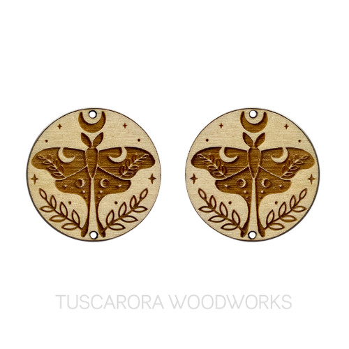 Lunar Moth Wooden Centers. A moth engraved onto a circle. We are proud to say all our wooden centers/cabs are handcrafted on the Tuscarora Nation. We precision-engrave our original designs onto each pair to provide you with a creative basis for your beadwork. Our customers find that incorporating our cabs into their beadwork allows them to create unique pieces and increases their sales.