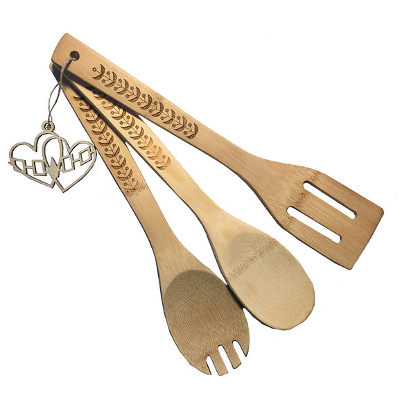 Set of 3 Engraved Bamboo Spoons