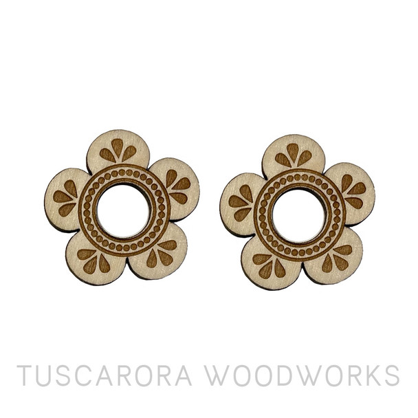 Floral Donuts Wooden Centers, 5 petal flower shaped with the middle cut out. We are proud to say all our wooden centers/cabs are handcrafted on the Tuscarora Nation. We precision-engrave our original designs onto each pair to provide you with a creative basis for your beadwork. Our customers find that incorporating our cabs into their beadwork allows them to create unique pieces and increases their sales.