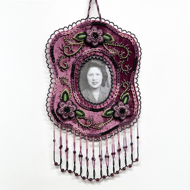 Large Beaded Floral Picture Frame Dusty Rose Velvet