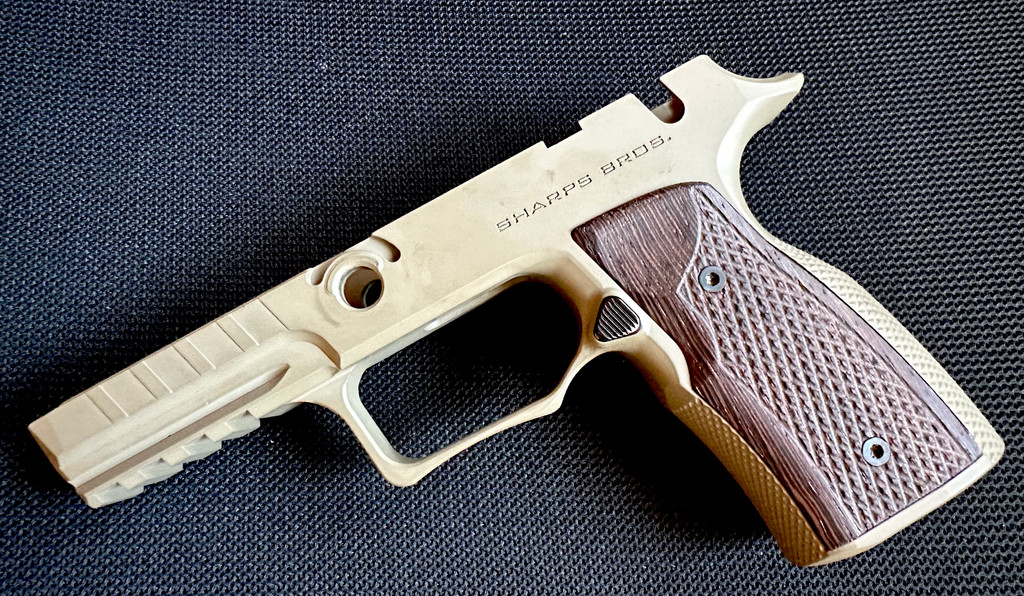 SBGM12. Sharps Bros grip module for the P320 - FDE with Wenge grips - Includes Manual Safety Cut