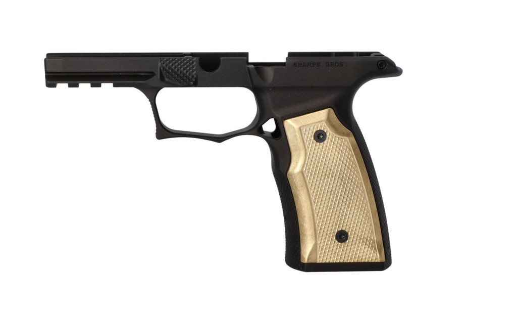 SBGM05-G2-BRASS. Sharps Bros grip module for the P365 XMacro - black anodized with brass grip panels