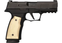 SBGM05-G2-BRASS. Sharps Bros grip module for the P365 XMacro - black anodized with brass grip panels