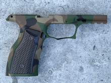 SBGM05-G3-M81. Sharps Bros grip module for the P365 XMacro - M81 Camo Cerakote with Black aluminum Grips