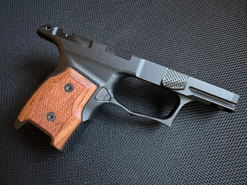 SBGM15-G2. Sharps Bros grip module for the CA Compliant P365 - black anodize with Brazilian Cherry grips - Manual Safety & Mag Disconnect Cut