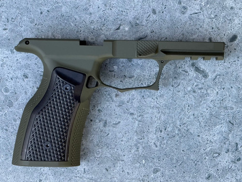 SBGM05-G3-OD. Sharps Bros grip module for the P365 XMacro - OD Green w/Black Aluminum Grips