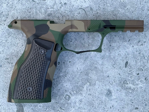 SBGM05-G3-M81. Sharps Bros grip module for the P365 XMacro - M81 Camo Cerakote with Black aluminum Grips