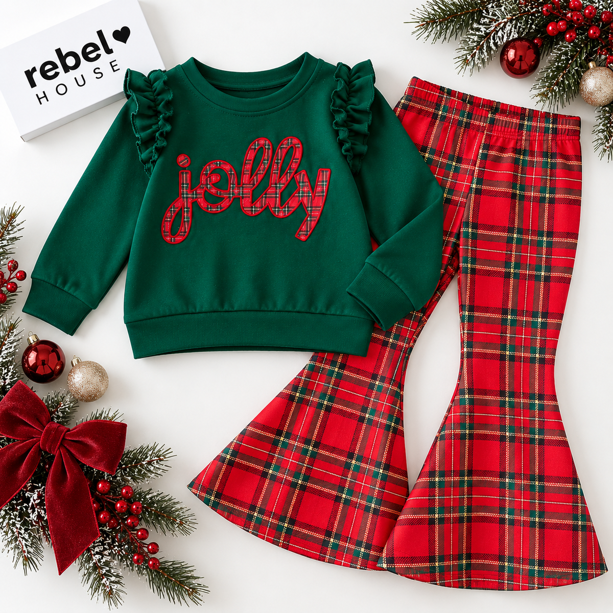 Jolly Plaid Christmas Bell Bottom Set