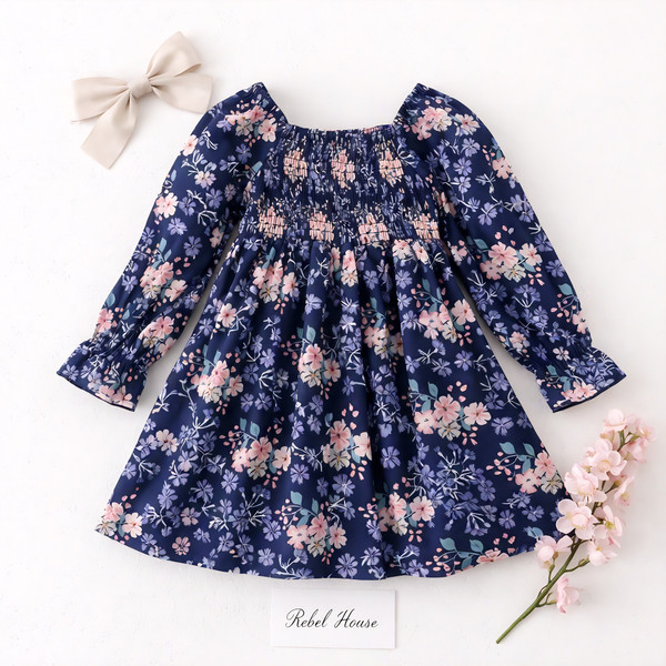 Navy Floral Smock Dress