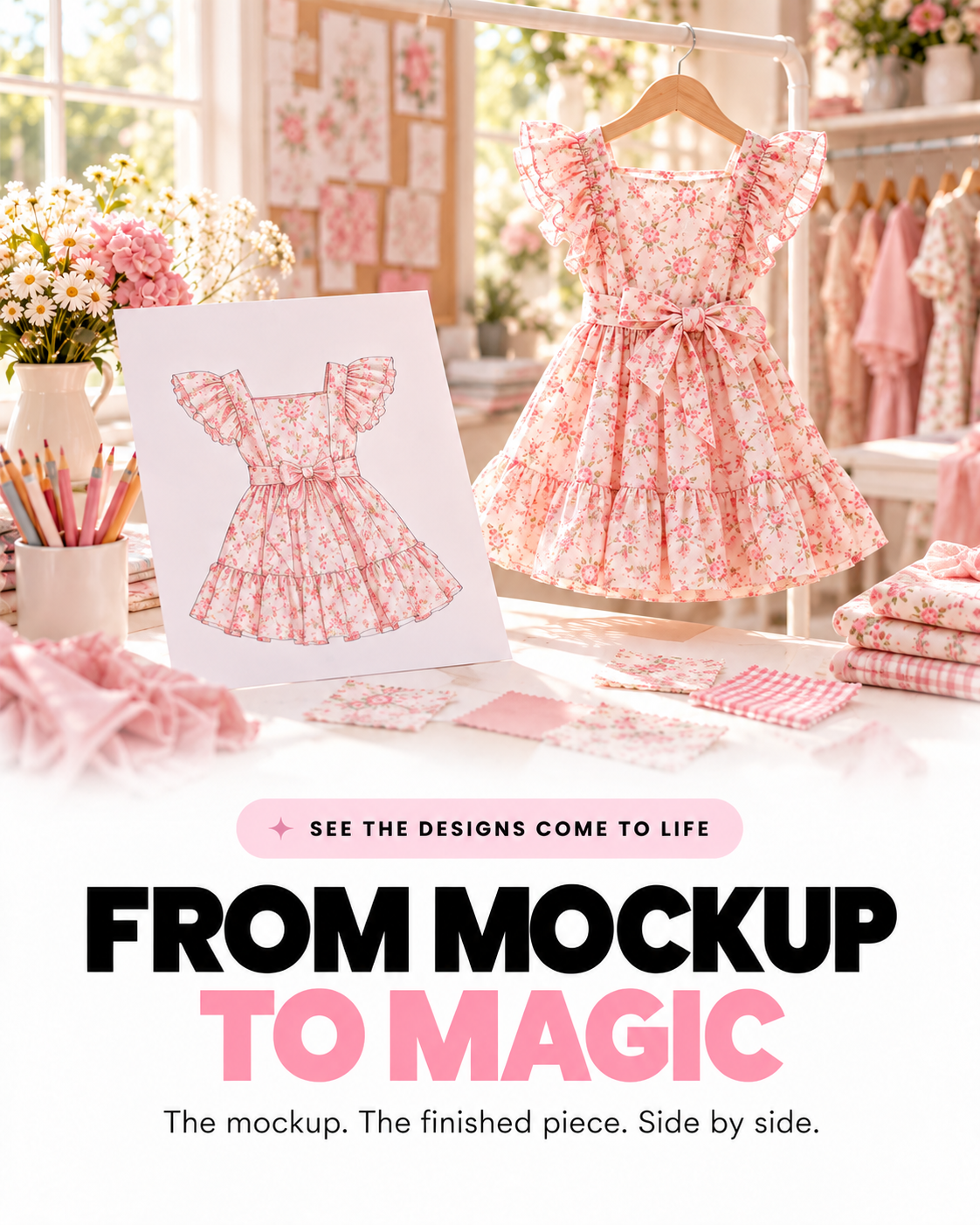 From Mockup to Magic. The mockup. The finished piece. Side by side.
