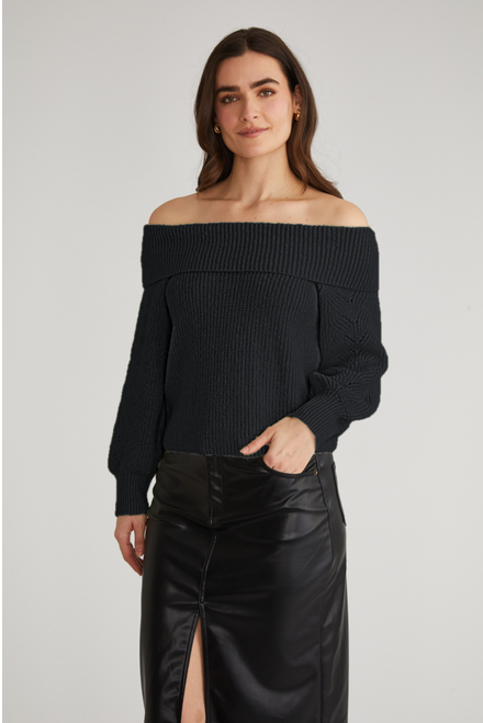 Marisa Off Shoulder Relaxed Pullover - Black