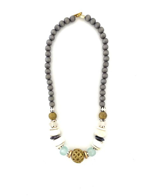 Classic Bead Necklace - Gray/LtBlue/Gold
