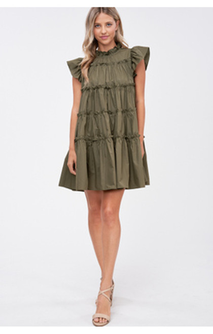 Poplin Tiered Mini Dress - Khaki Poplin Tiered Mini Dress - Khaki