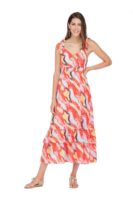 Shoulder Tie Maxi Dress - Red Abstract Shoulder Tie Maxi Dress - Red Abstract