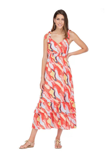 Shoulder Tie Maxi Dress - Red Abstract