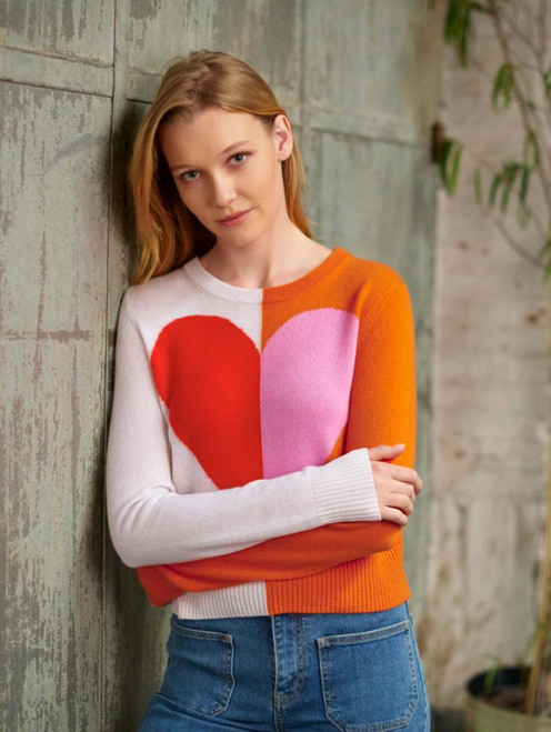 Cashmere Color Block Heart Crew - Pink