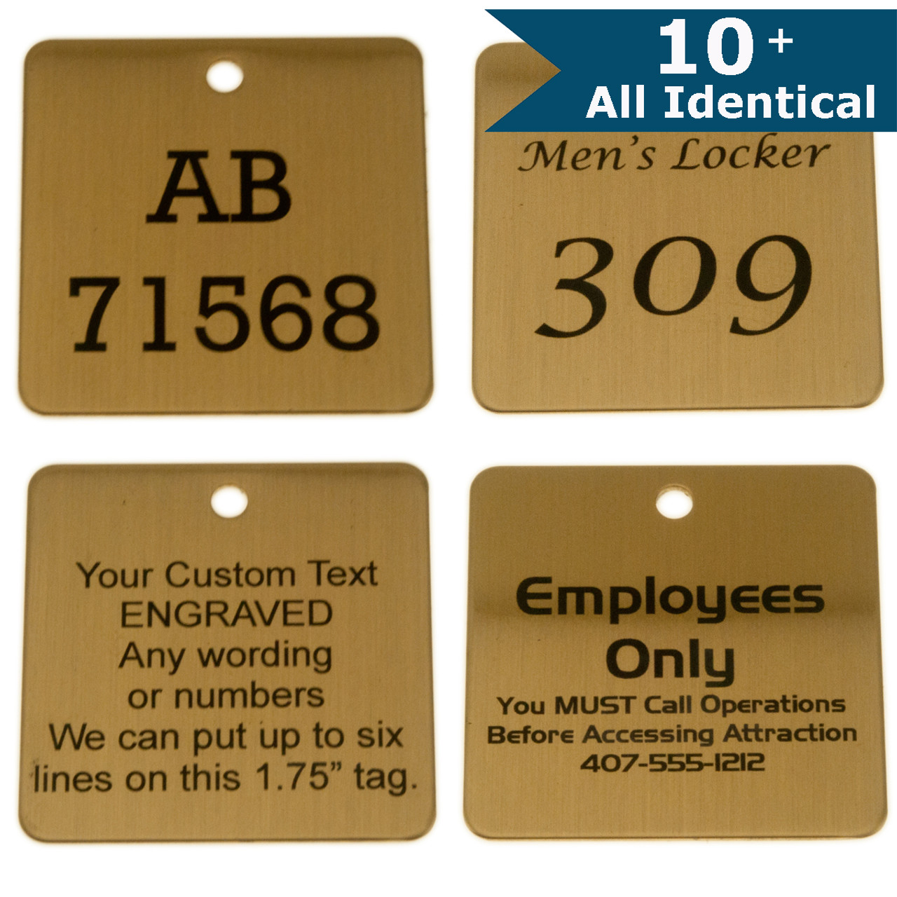 Lacquered Brass Tag 1.75 Inch Square - CUSTOM ENGRAVED - ALL IDENTICAL