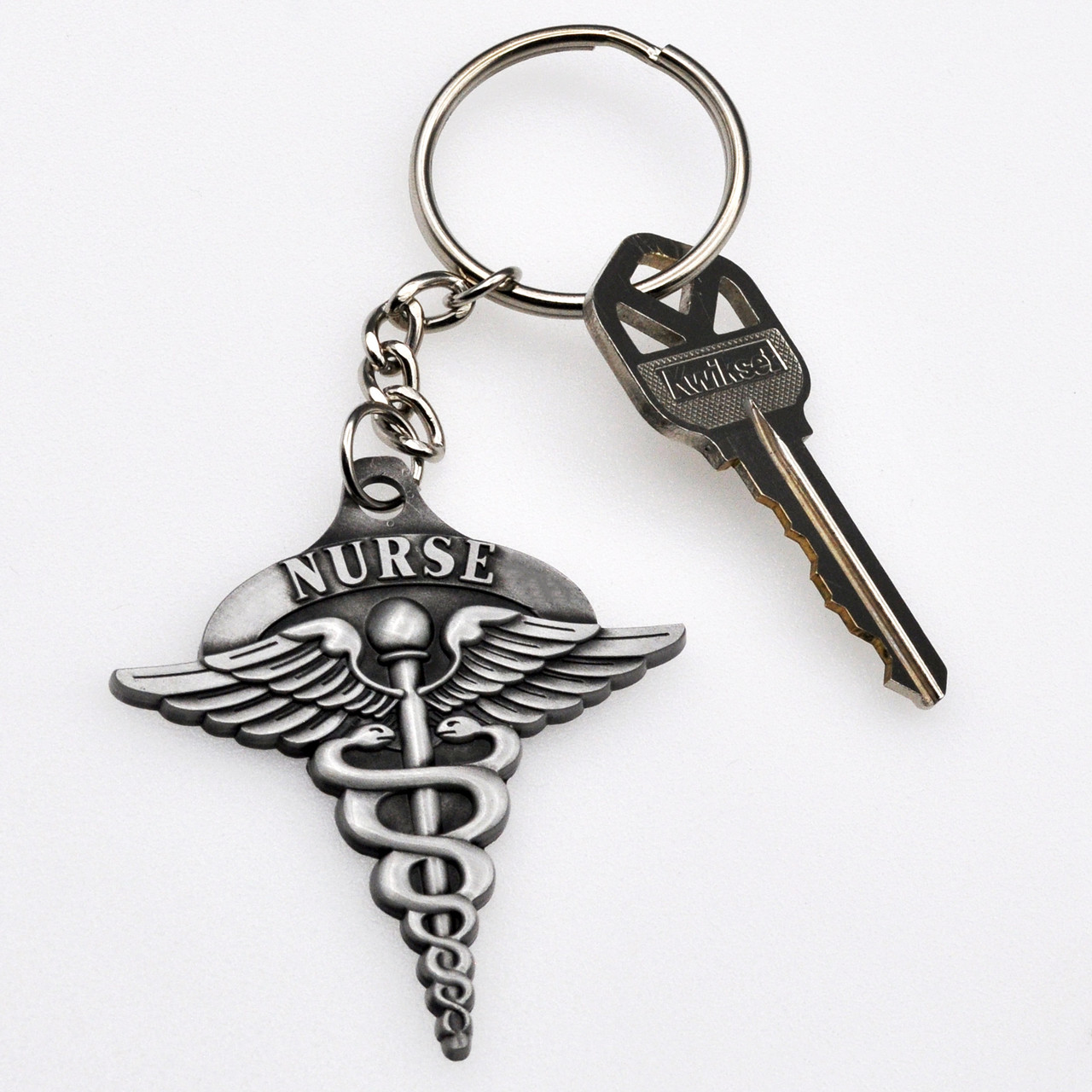 Pewter Nurse Caduceus Symbol Keyring with Chain