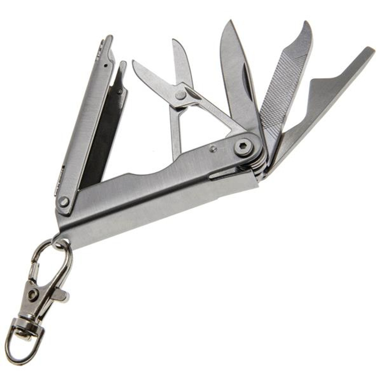 Miniature folding stainless steel scissors on keychain