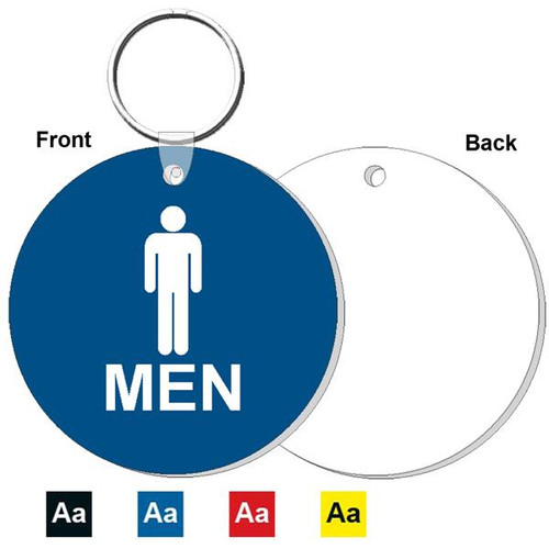 3 Inch Round Men's Restroom Keytag. Made of a heavy duty plastic with a plastic fold over tab and nickel platted split key ring. Pic of front and back with color options